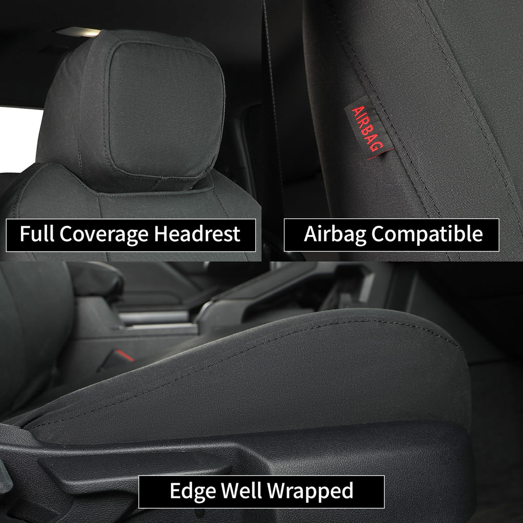 Close-up of a dark gray car seat cover installed on a vehicle seat, showing the headrest, side armrest, and center console area. Text labels read 'Full Coverage Headrest,' 'Airbag Compatible,' and 'Edge Well Wrapped.
