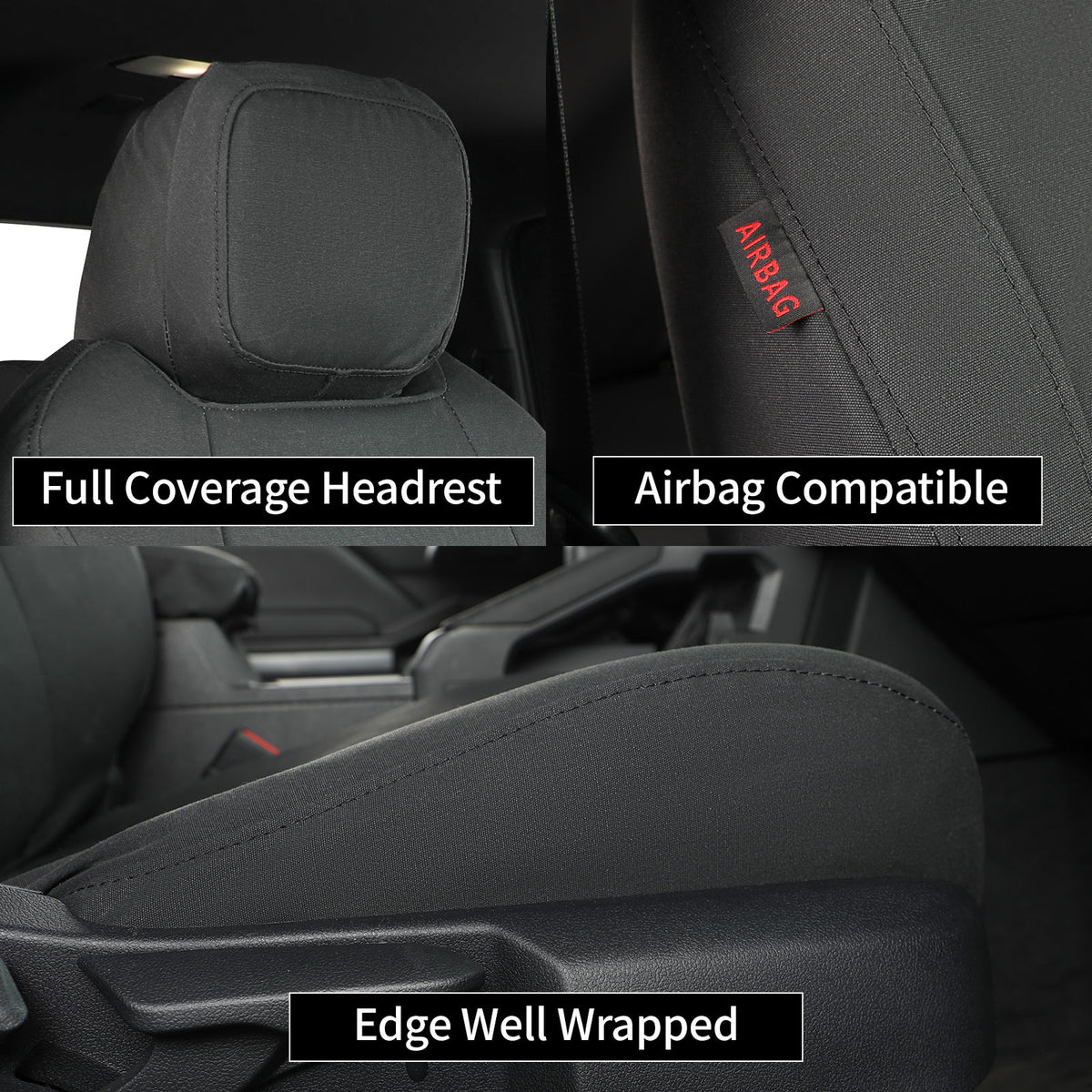 Close-up of a dark gray car seat cover installed on a vehicle seat, showing the headrest, side armrest, and center console area. Text labels read 'Full Coverage Headrest,' 'Airbag Compatible,' and 'Edge Well Wrapped.