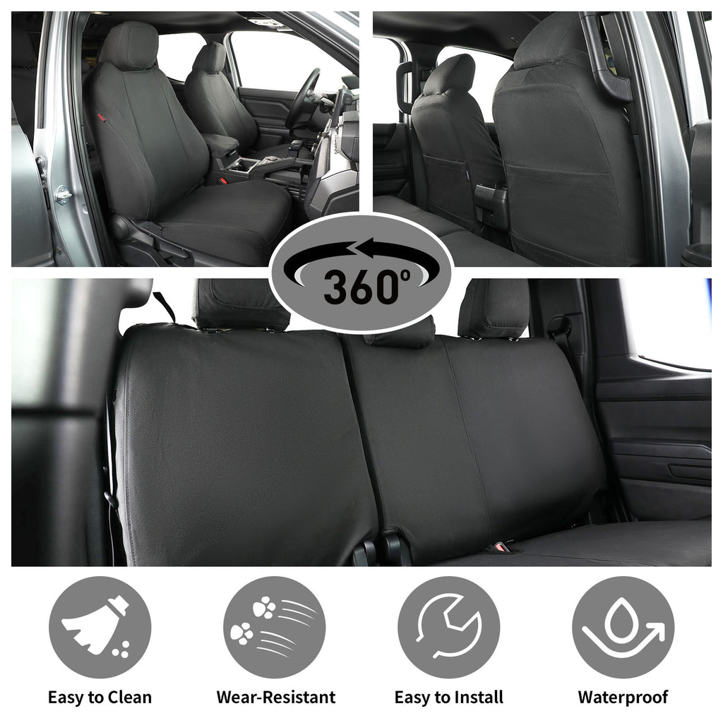Black car seat covers shown installed on a vehicle's front and rear seats, with two top inset views, a large rear-seat view in the middle, a 360-degree rotation graphic, and four feature icons for easy cleaning, wear-resistant, easy to install, and waterproof.