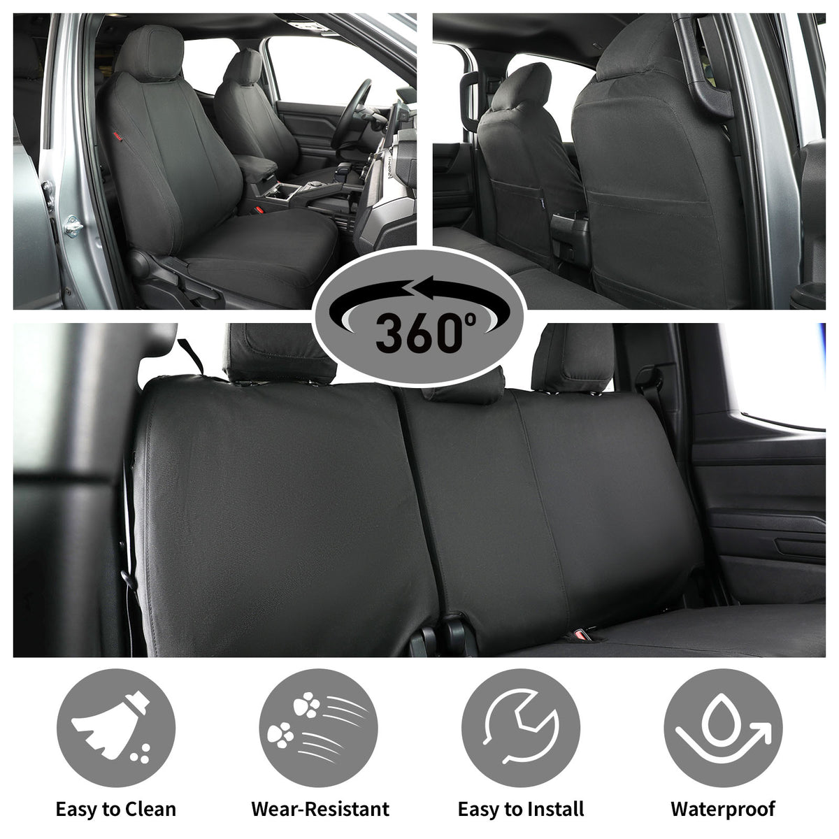 Black car seat covers shown installed on a vehicle's front and rear seats, with two top inset views, a large rear-seat view in the middle, a 360-degree rotation graphic, and four feature icons for easy cleaning, wear-resistant, easy to install, and waterproof.