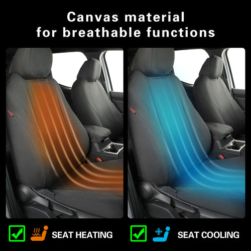 Promotional graphic for breathable car seat material, showing two side-by-side car seat panels: the left labeled 'SEAT HEATING' with orange heat-flow lines, and the right labeled 'SEAT COOLING' with blue cool-flow lines. Text at the top reads 'Canvas material for breathable functions.