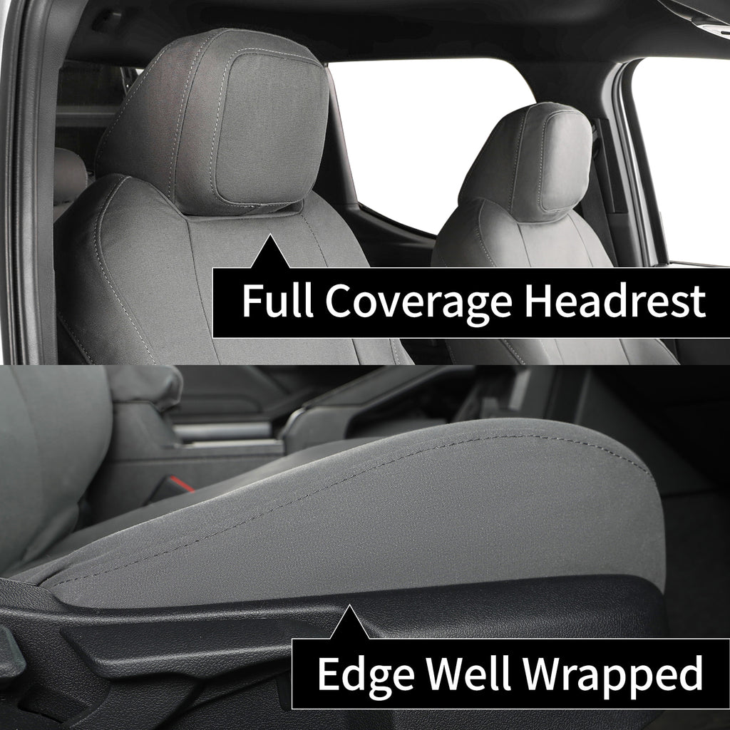 A split-screen close-up of a gray car seat cover installed on a front seat, showing two product features: 'Full Coverage Headrest' on the upper half and 'Edge Well Wrapped' on the lower half. The image highlights the textured fabric and how the cover fits and wraps around the headrest and seat edges.