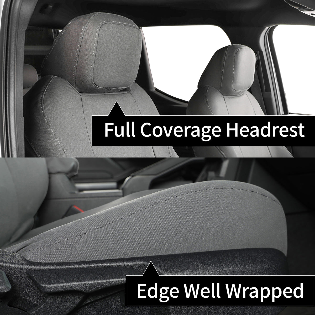 A split-screen close-up of a gray car seat cover installed on a front seat, showing two product features: 'Full Coverage Headrest' on the upper half and 'Edge Well Wrapped' on the lower half. The image highlights the textured fabric and how the cover fits and wraps around the headrest and seat edges.