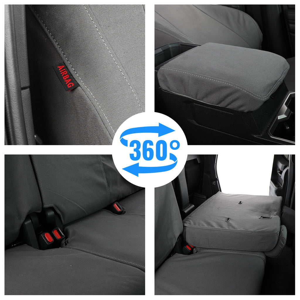 A four-panel collage showing a gray car seat cover installed on a vehicle seat, with a central blue '360°' arrow graphic. The panels demonstrate the cover from different angles, including a close-up of the fabric texture and an AIRbag warning label.