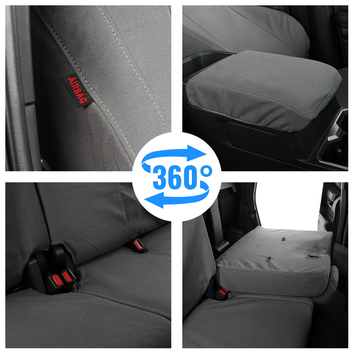 A four-panel collage showing a gray car seat cover installed on a vehicle seat, with a central blue '360°' arrow graphic. The panels demonstrate the cover from different angles, including a close-up of the fabric texture and an AIRbag warning label.