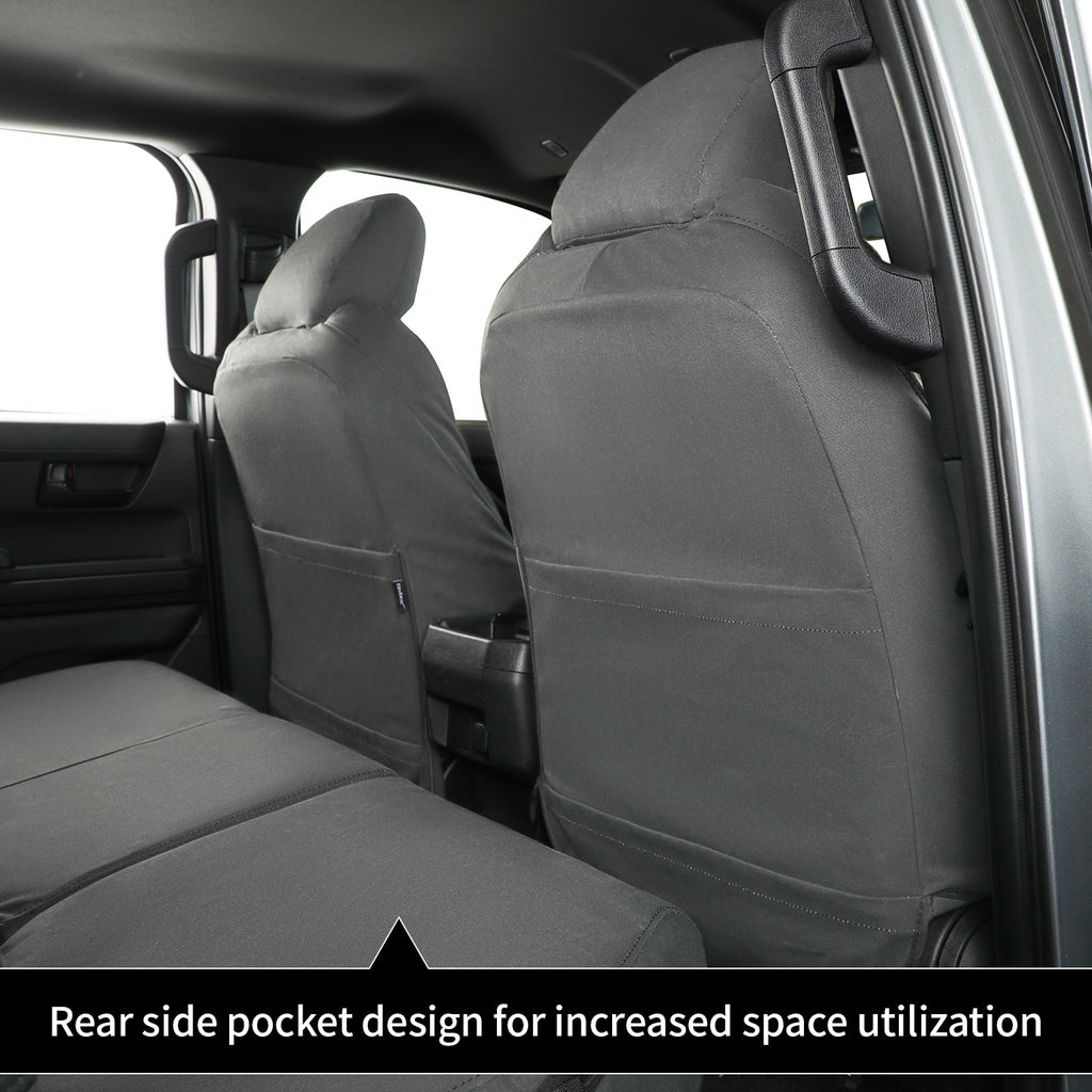 Dark gray car seat covers installed on the front seats of a vehicle interior, with a text overlay at the bottom describing the rear side pocket design for increased space utilization.