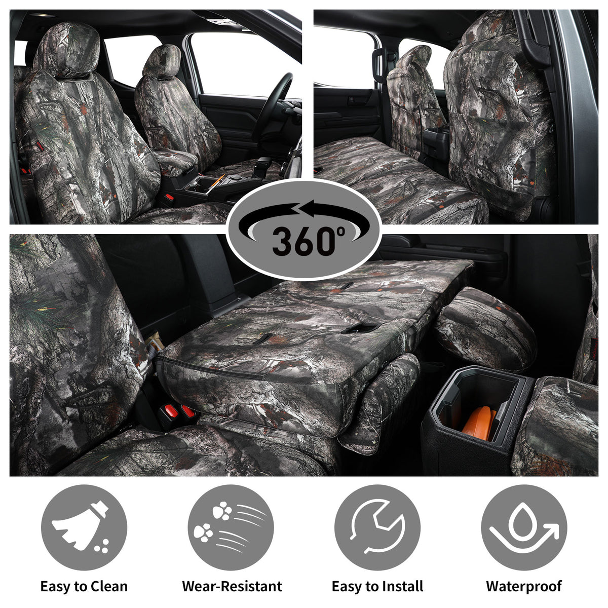 Camouflage car seat covers with features highlighted on a black background