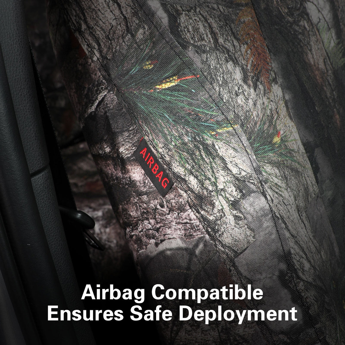 A close-up of a car interior showing a camouflage-patterned airbag cover with a small red label reading AIRBAG. 