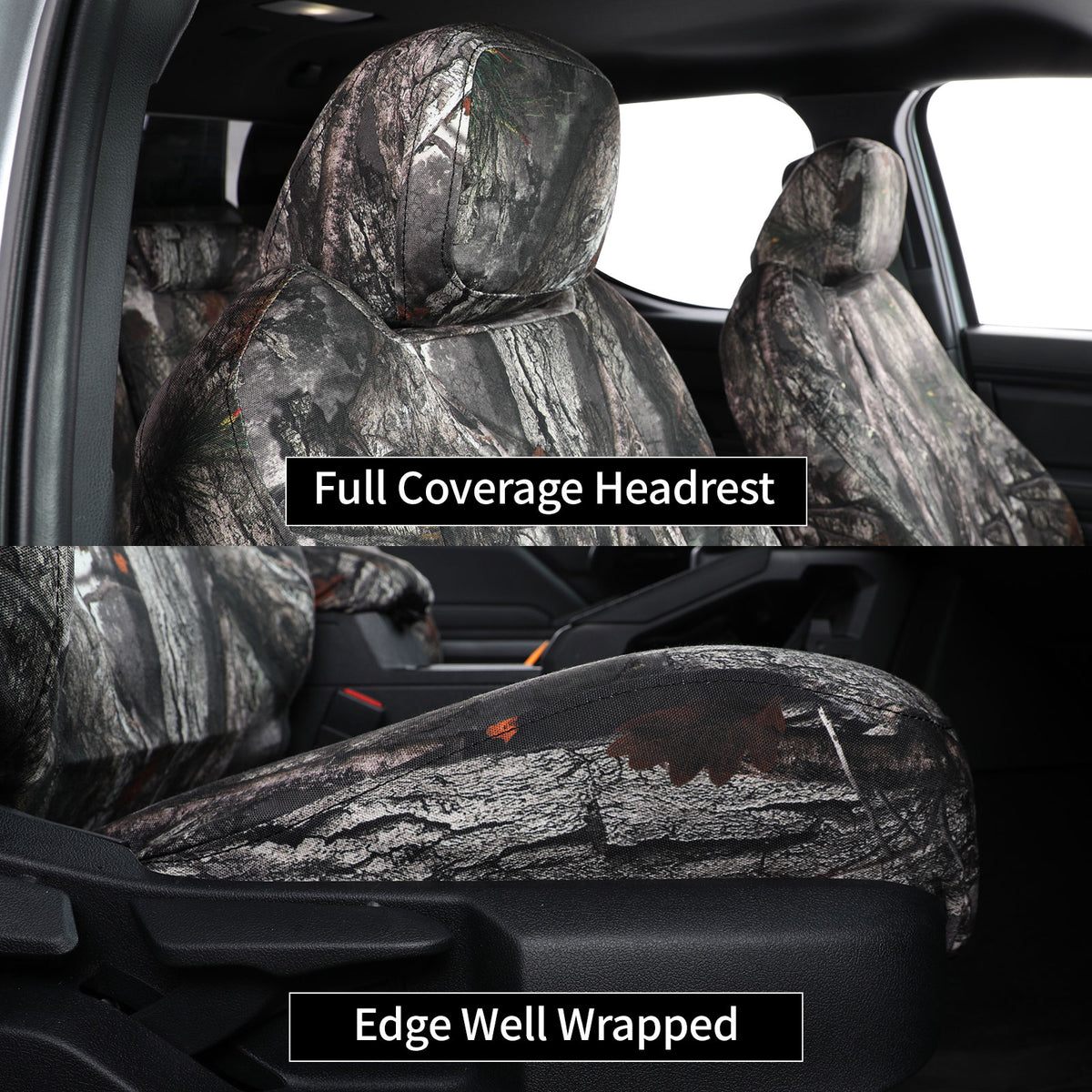A split-screen demonstration of a camouflage car seat cover inside a vehicle. The top panel shows the headrest fully covered with the camo pattern and a text overlay reading 'Full Coverage Headrest'.