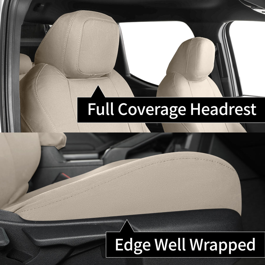 A two-panel close-up showing tan car seat covers fitted over vehicle front seats. The top panel shows the headrest area with text reading 'Full Coverage Headrest,' and the bottom panel shows the side edge wrap with text reading 'Edge Well Wrapped.