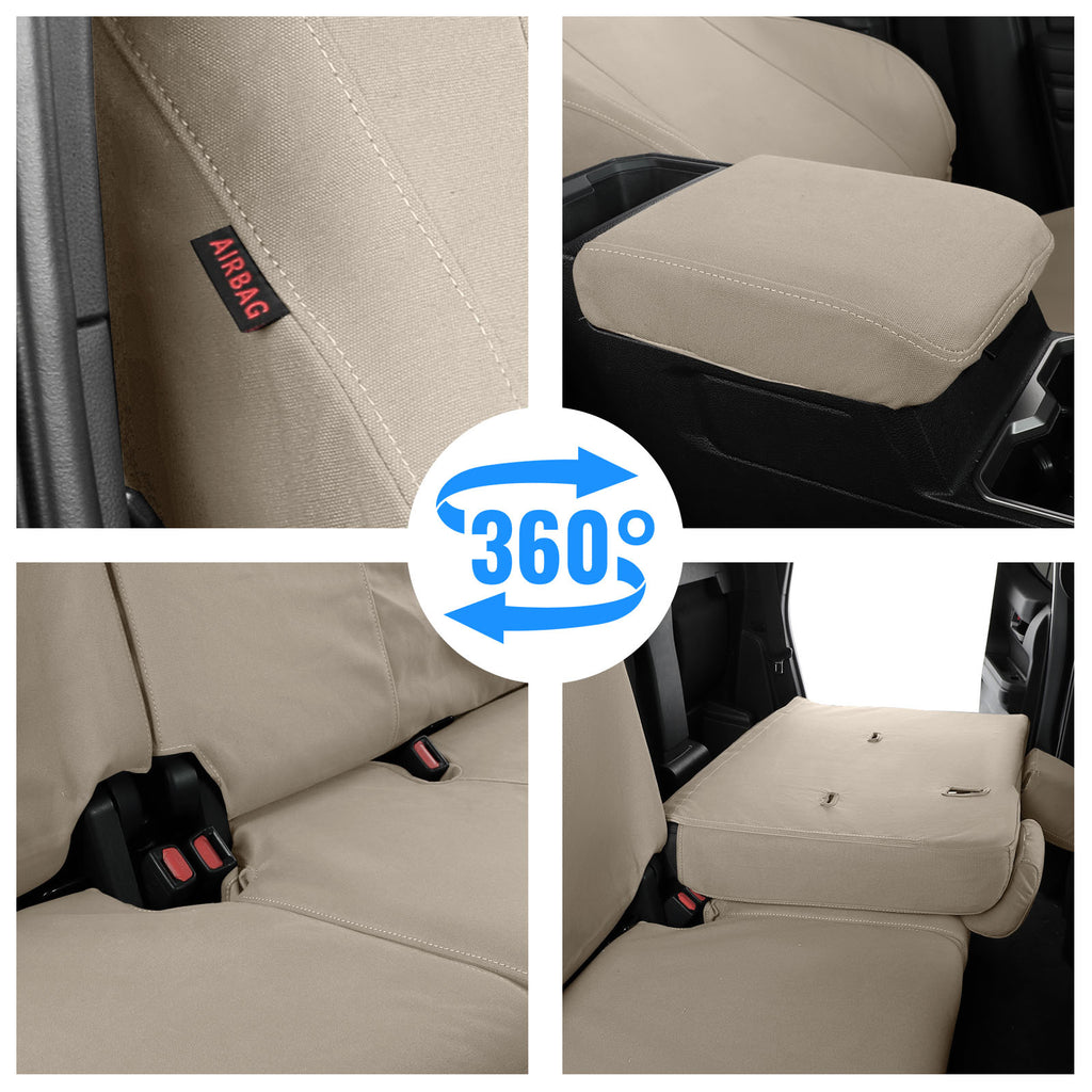 Four-panel collage showing tan seat covers installed on a vehicle's front seat and center console armrest, with a blue '360°' arrow graphic in the center and a small AIRBAG tag visible on one panel.