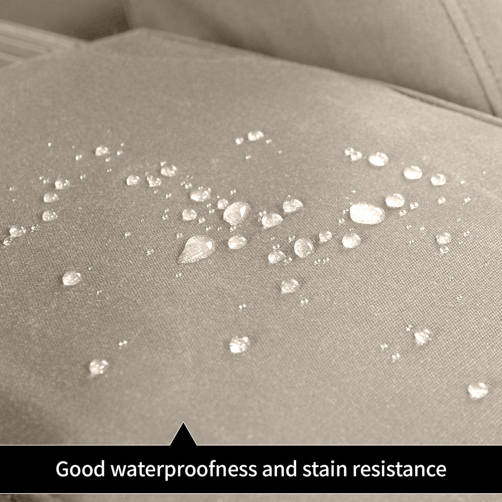 Close-up of a beige fabric surface with scattered clear water droplets and the text 'Good waterproofness and stain resistance' at the bottom.