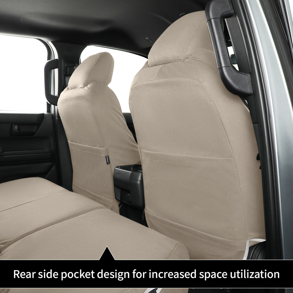 Tan car seat covers installed on the front and rear seats of a vehicle interior, with a text overlay at the bottom describing the rear side pocket design for increased space utilization.