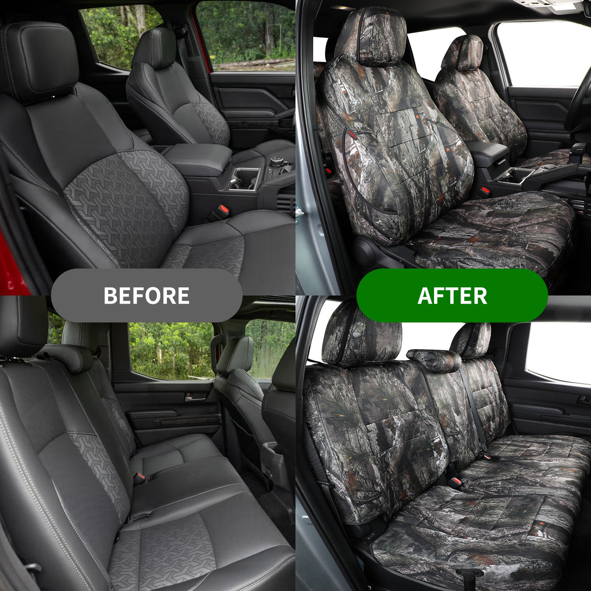 Before and after comparison of car seat covers in a vehicle interior.