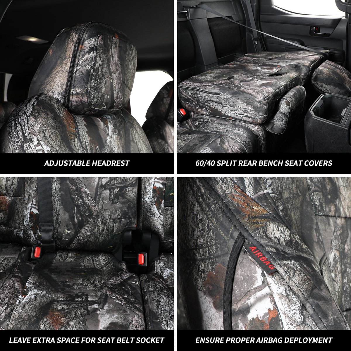 Collage of camouflage car seat covers with features highlighted.
