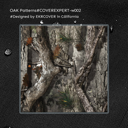 Camouflage pattern with tree bark and leaves on a black background, designed by EKRCOVER in California.