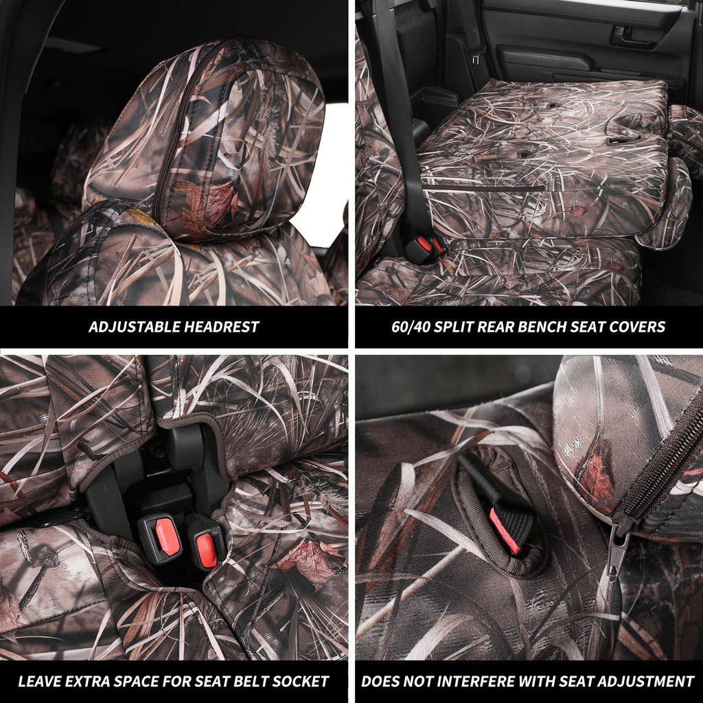Four-panel product demonstration showing a camouflage-patterned car seat cover set installed on a vehicle bench and headrest, with text callouts for adjustable headrest, 60/40 split rear bench seat covers, extra space for a seat belt socket, and no interference with seat adjustment.