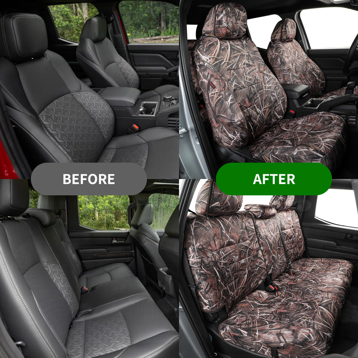 A split before-and-after comparison of a vehicle interior seat cover set. The left panel shows dark gray vehicle seats labeled BEFORE, and the right panel shows the same seats covered in a brown and beige camouflage-style seat cover pattern labeled AFTER.