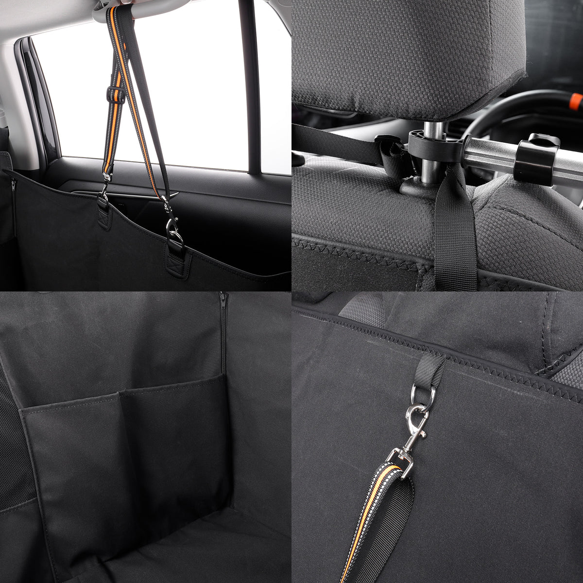 A four-panel collage showing a black car seat cover and harness strap set installed inside a vehicle. The panels show the seat cover hanging from the rear window, the harness attached to the front seat headrest, the interior side pocket area, and a close-up of the strap hardware.