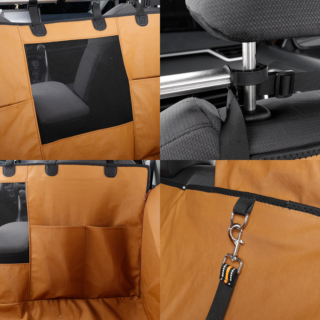 A four-panel close-up collage showing a tan car seat cover with black trim and a clear window, including views of the front pocket, back attachment to a headrest, and a metal clip detail.