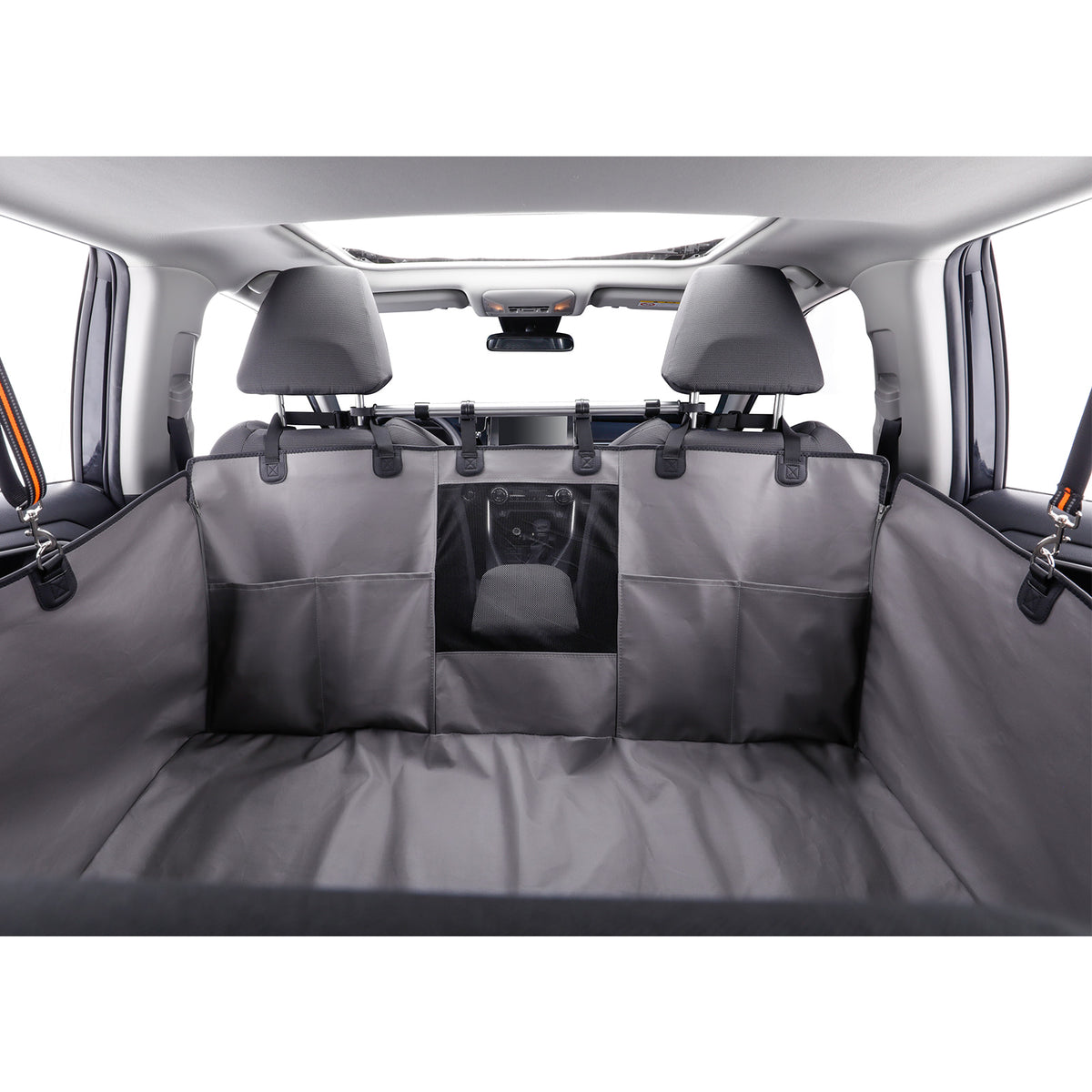 A dark gray car cargo liner installed across the back seat area of a vehicle, with a front cargo organizer pocket in the center, shown from the rear of the car.