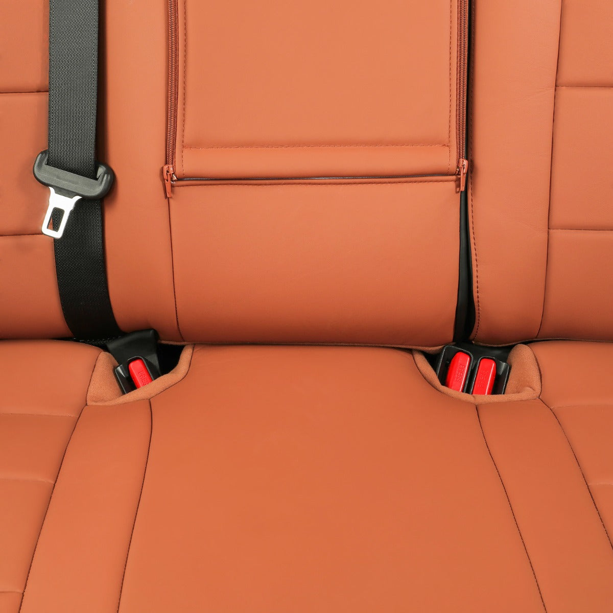 Close-up of a car rear seat with Brown leather upholstery, a black seatbelt on the left, and red-and-black buckle inserts at both sides.