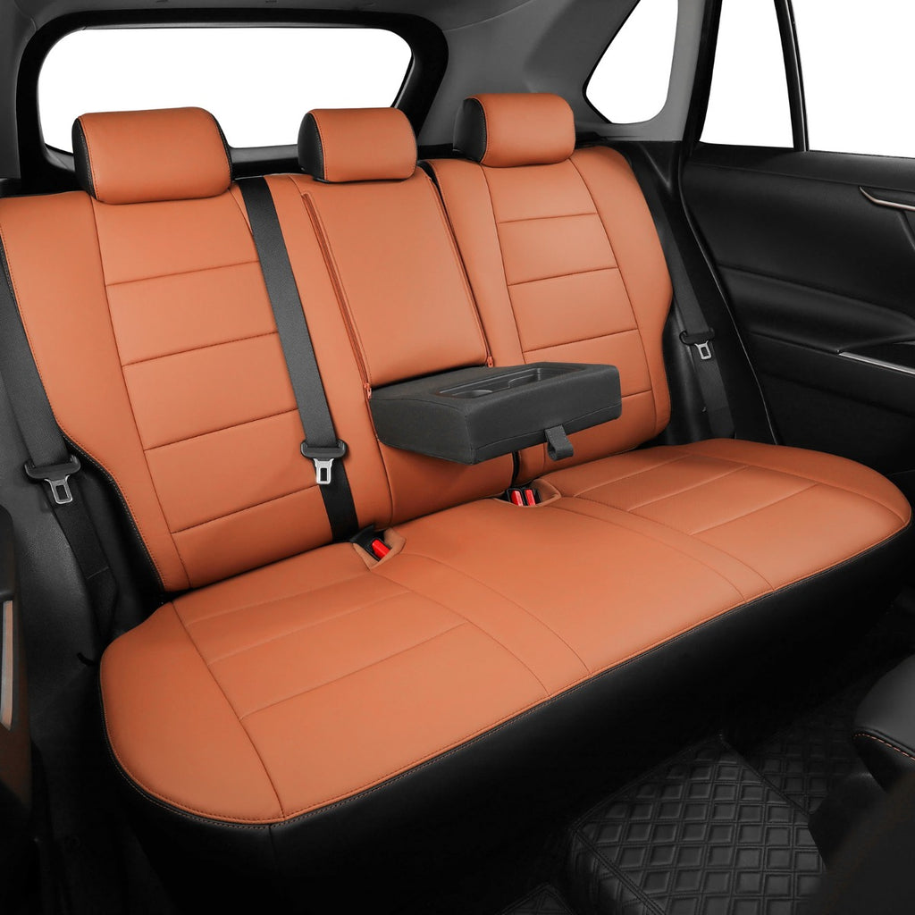 A three-seat car rear bench cover in Brown /cognac faux leather with black side panels and a black center armrest tray, installed on a vehicle rear seat.