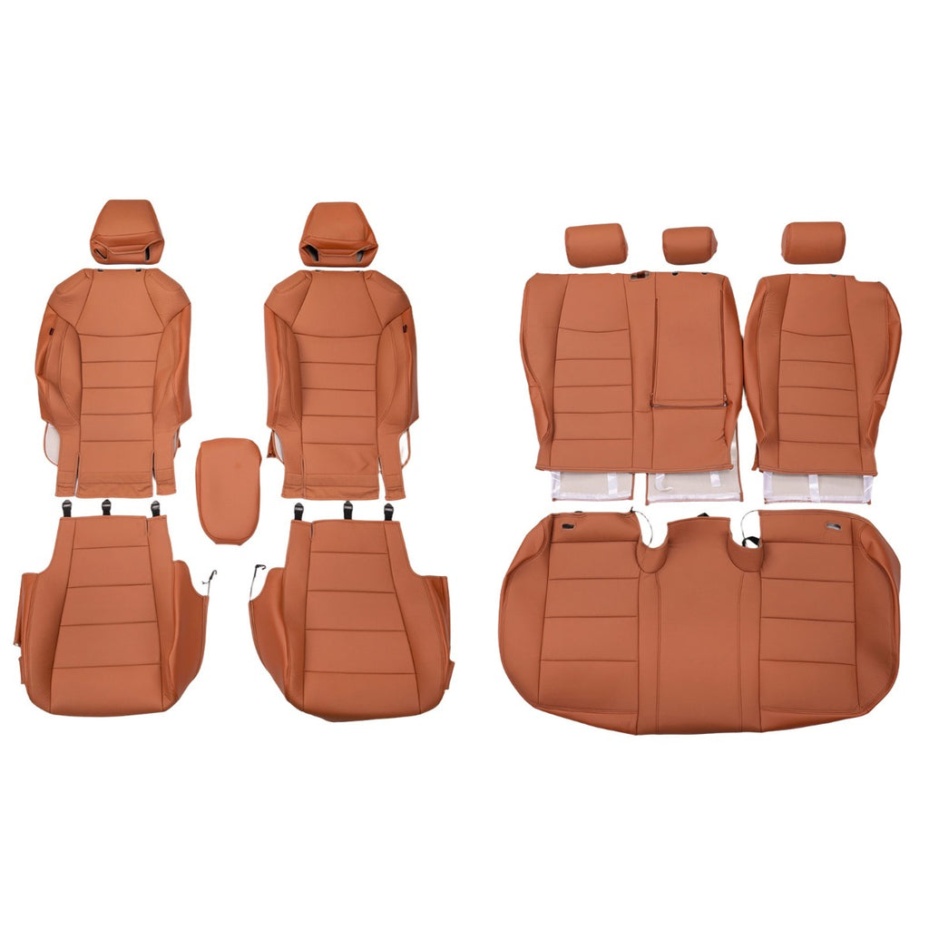 A set of car seat covers in a warm rust-brown color, shown laid out on a plain white background. The set includes front and rear seat covers, headrests, and a center console armrest cover.