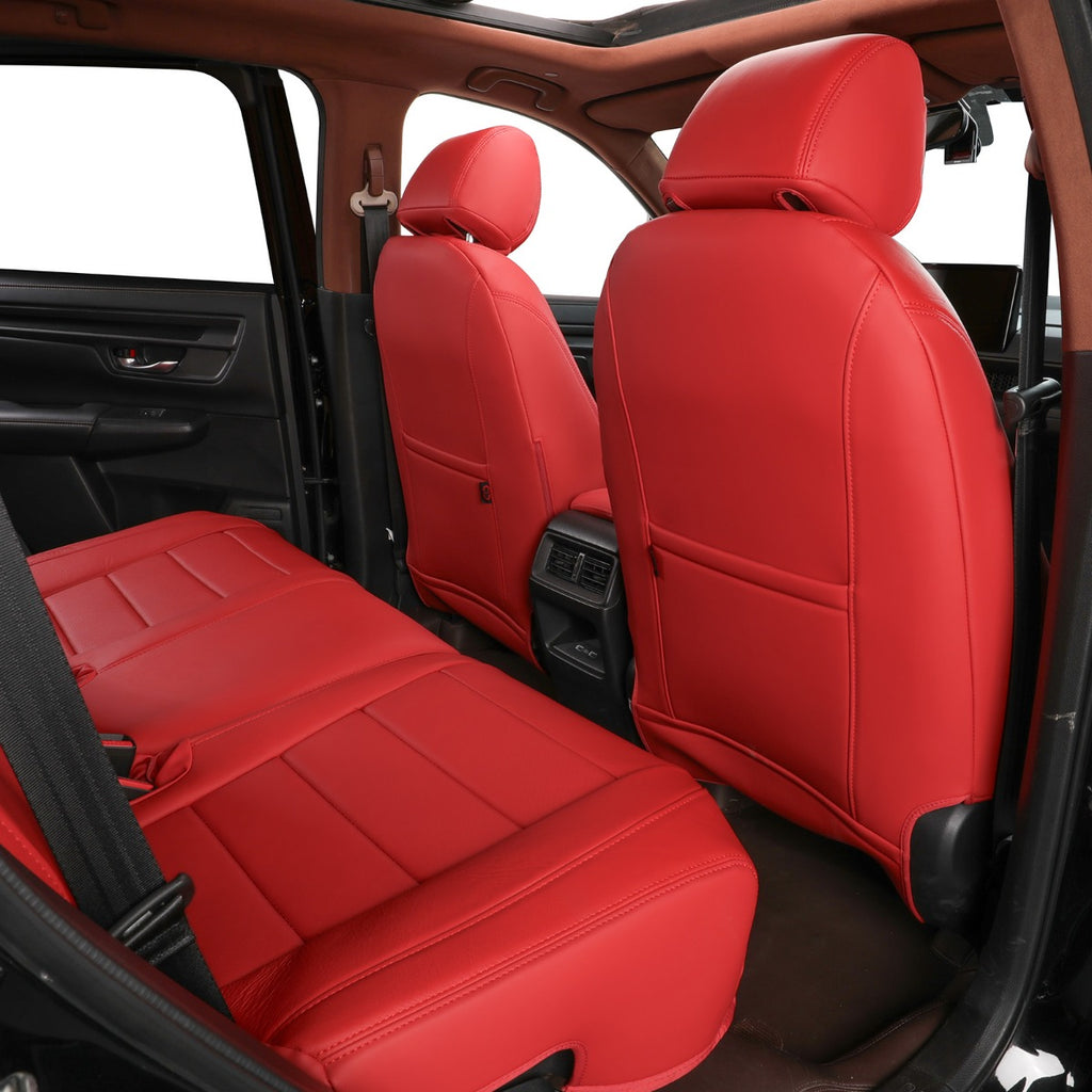 Bright red car seat covers installed on the front and rear seats of a vehicle interior, shown from an open door view.