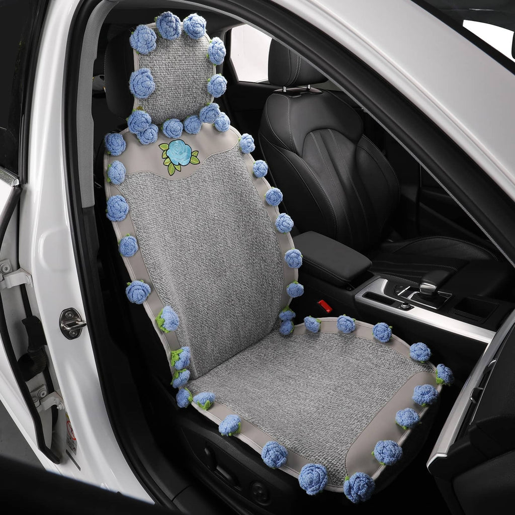 Floral Blossom seat cover with a textured gray center, beige panels, blue 3D rose trim and embroidered flower, installed on a front passenger seat
