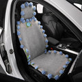 Floral Blossom seat cover with a textured gray center, beige panels, blue 3D rose trim and embroidered flower, installed on a front passenger seat