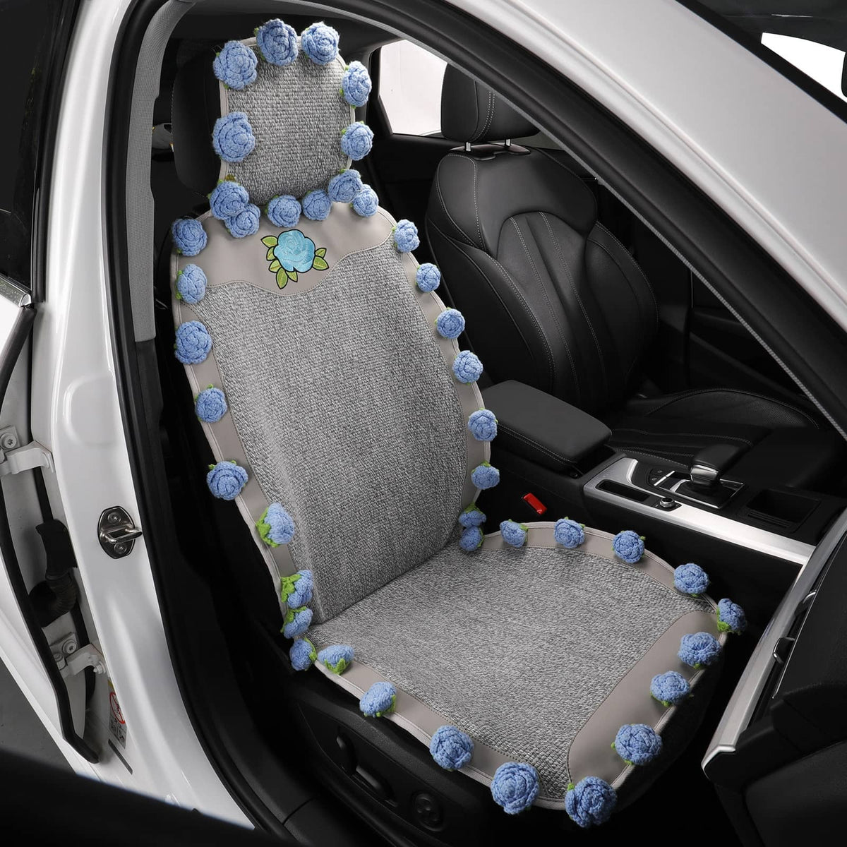 Floral Blossom seat cover with a textured gray center, beige panels, blue 3D rose trim and embroidered flower, installed on a front passenger seat