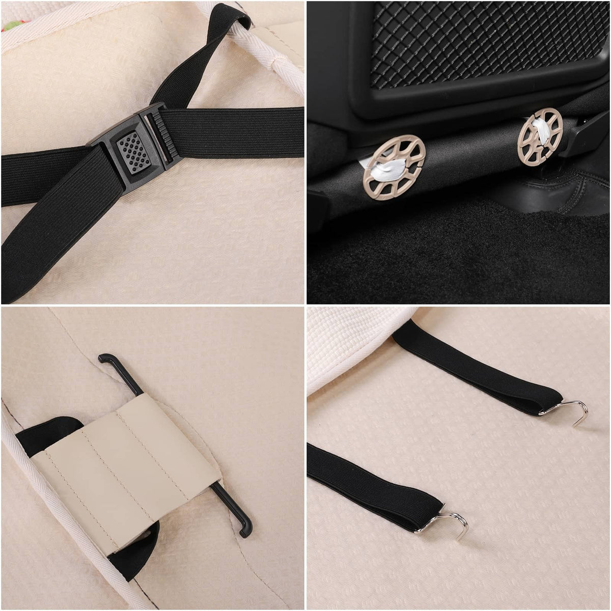 Four close-up views of seat cover fasteners, showing adjustable black straps, a buckle, round anchors and metal hooks