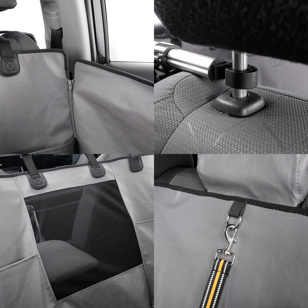 a gray car seat cover installed on a vehicle seat. The panels demonstrate the cover's features, including a zippered opening, a clear window panel, and a strap attachment with a yellow and black accent stripe.
