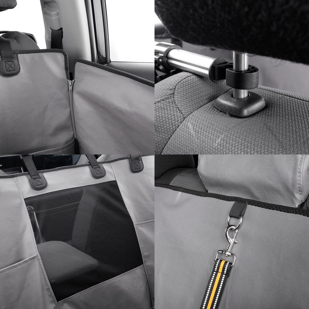 a gray car seat cover installed on a vehicle seat. The panels demonstrate the cover's features, including a zippered opening, a clear window panel, and a strap attachment with a yellow and black accent stripe.