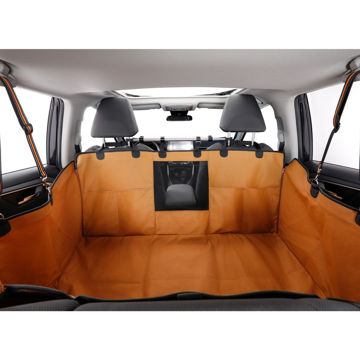 An brown cargo liner set installed inside a vehicle trunk, shown behind the front seats with a central black mesh window panel.
