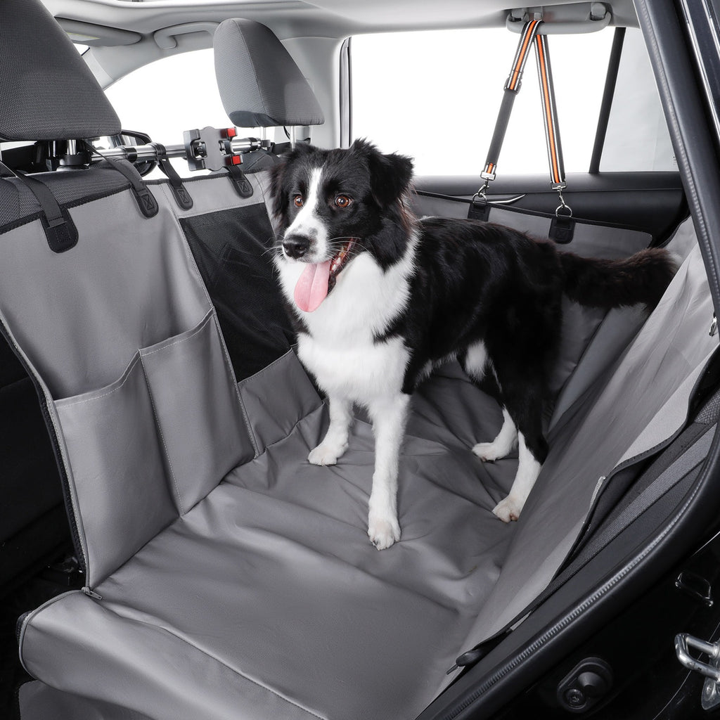 A black and white dog stands on a gray car seat cover installed on the back seat of a vehicle. The seat cover has side pockets and a harness attachment point, shown in use with the dog inside the car.