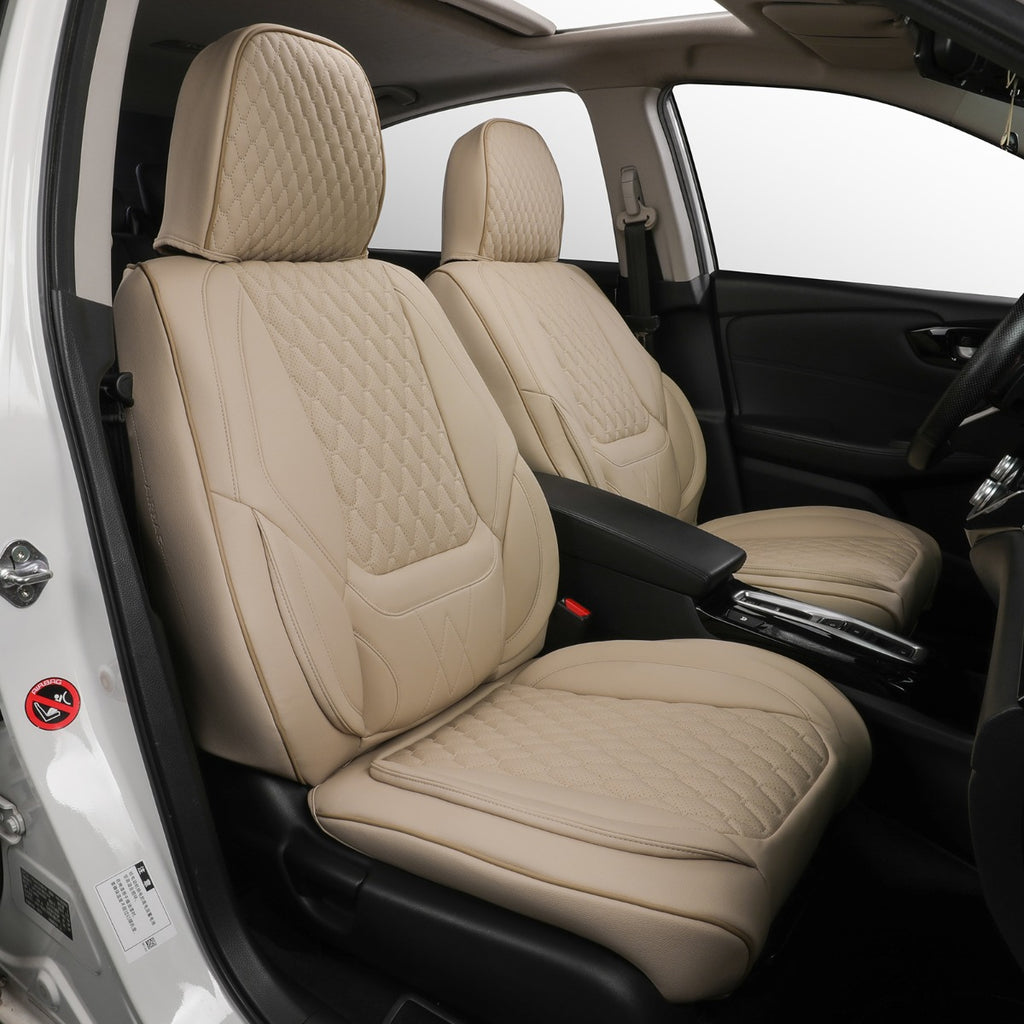 Beige car seat covers inside a vehicle