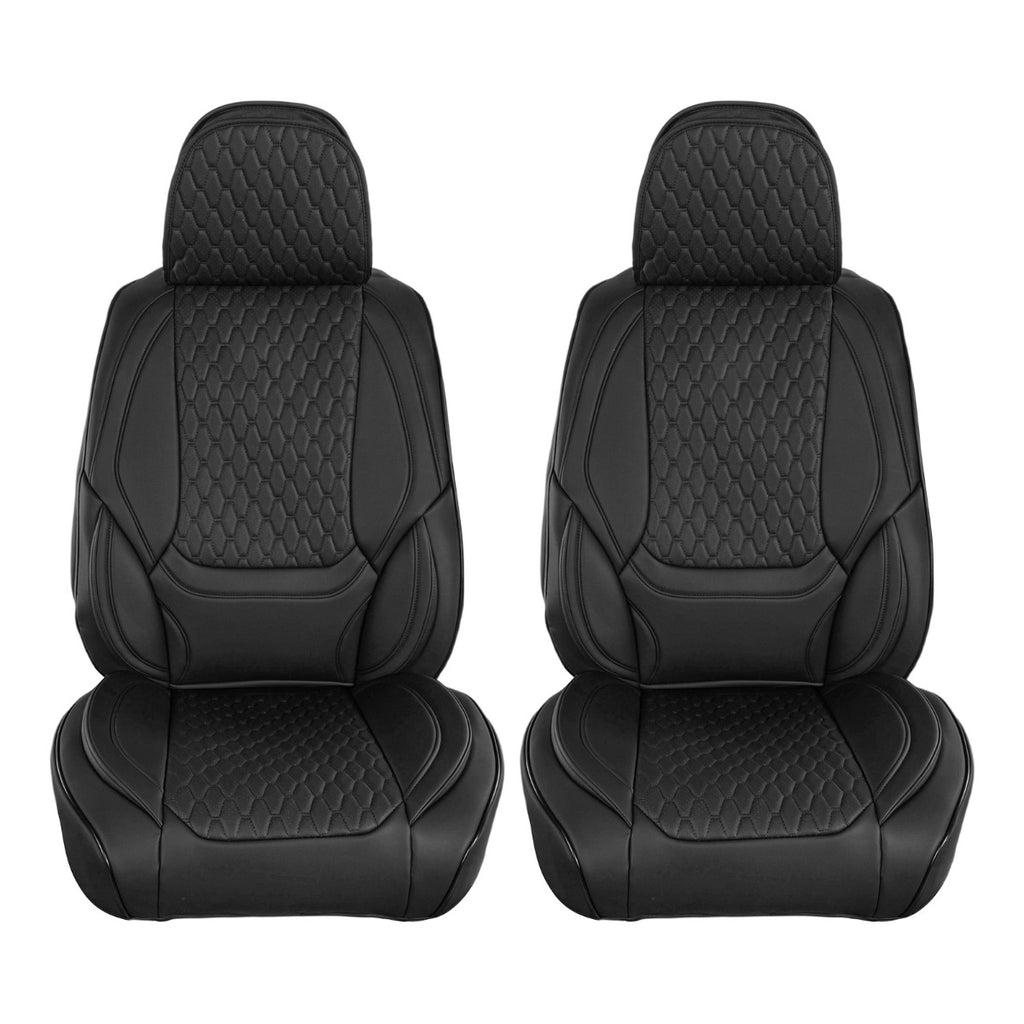 A pair of black car seat covers with a quilted diamond pattern, shown from the front on a solid white background.