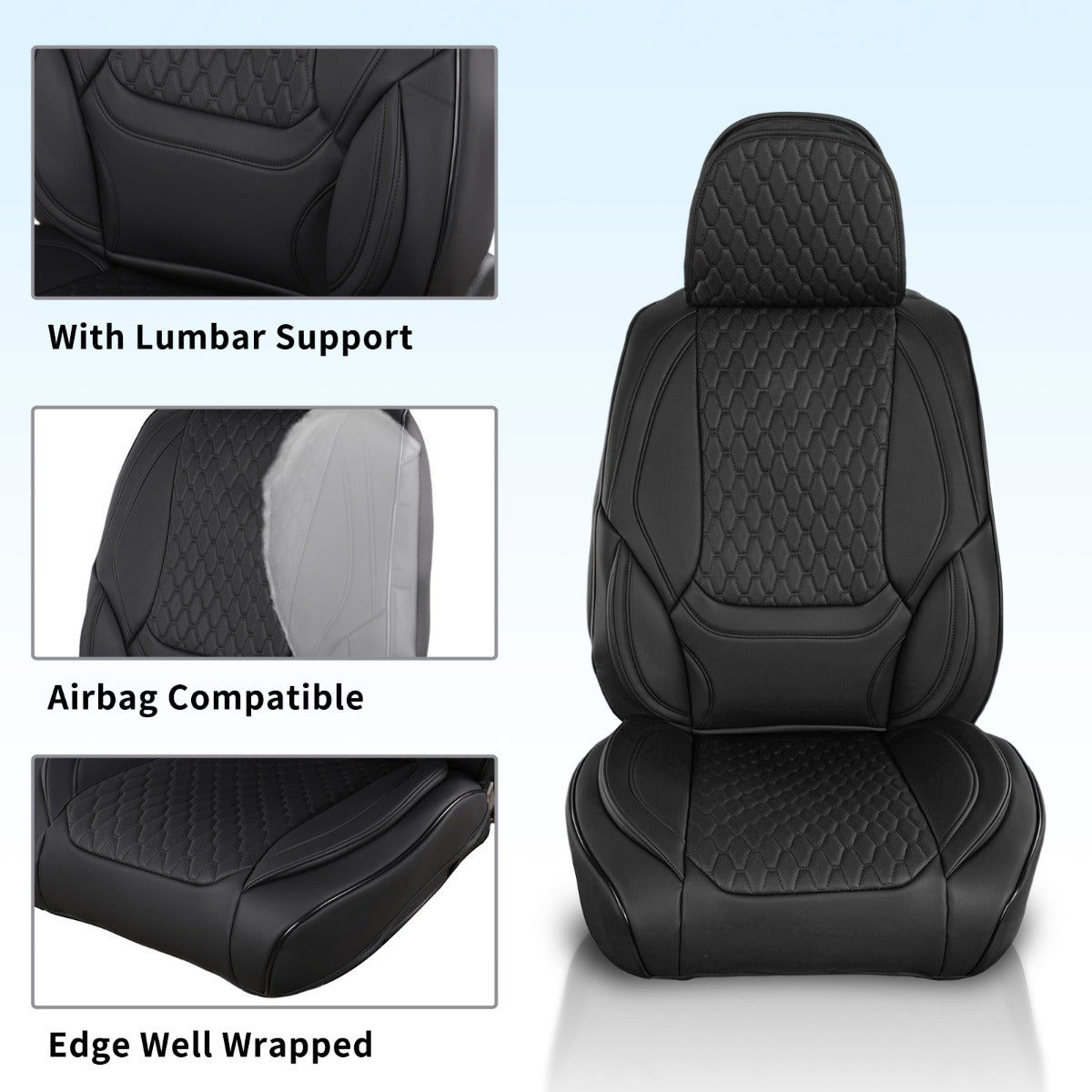 Black quilted car seat cover shown on a seat, with three inset close-up views labeled 'With Lumbar Support,' 'Airbag Compatible,' and 'Edge Well Wrapped' on a light blue background.