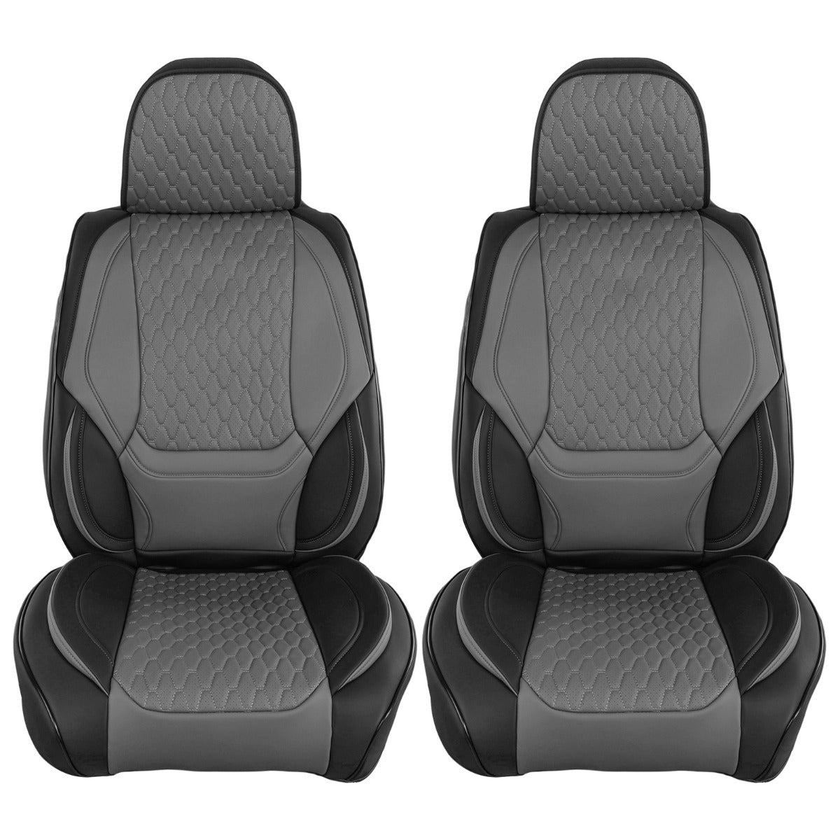 A pair of gray and black car seat covers with quilted diamond-patterned inserts, shown on a plain white background.