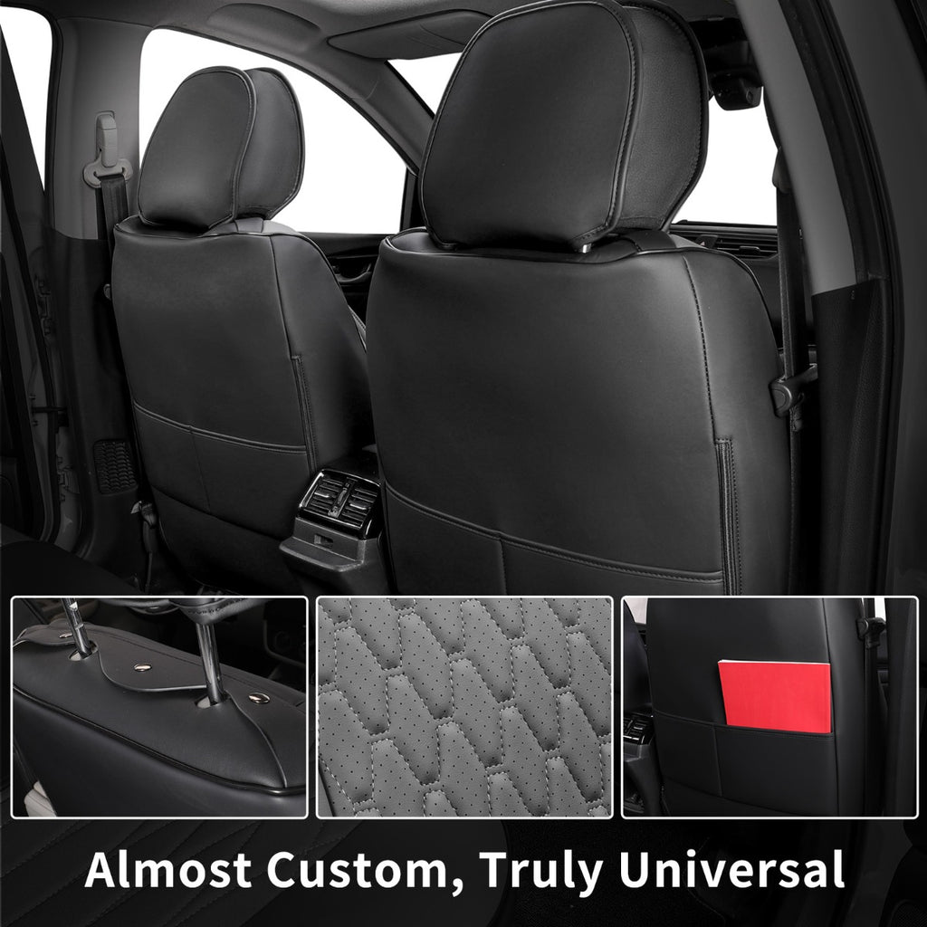 Black car seat covers installed on two front car seats, shown in a vehicle interior with three detail inset images at the bottom showing texture and a red accent patch.
