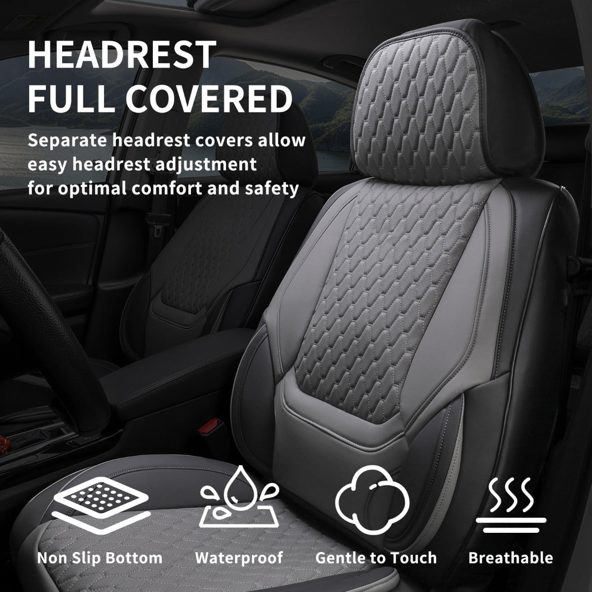 Gray quilted headrest and seat cushion cover installed on a car seat, with marketing text and feature icons showing non slip bottom, waterproof, gentle to touch, and breathable qualities.