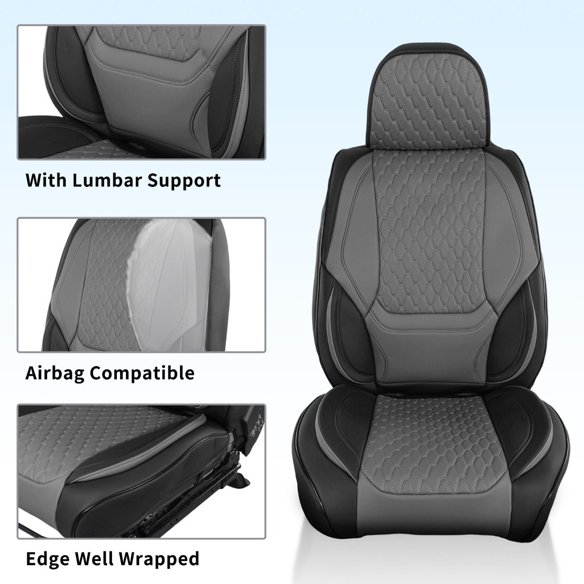 Gray and black car seat cover set shown on a car seat, with three inset detail images highlighting lumbar support, airbag compatibility, and edge wrapping on a light blue gradient background.
