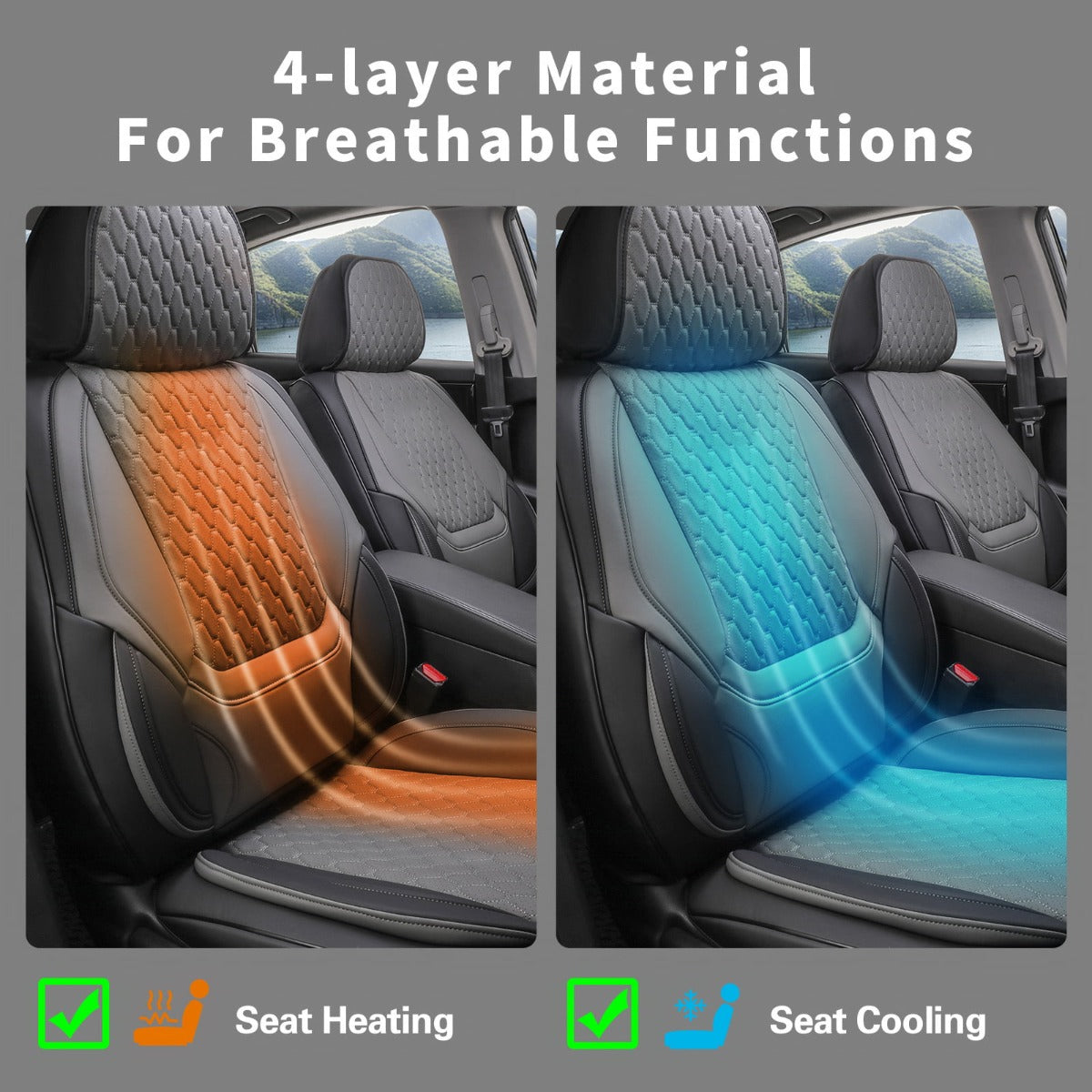 Promotional graphic for a car seat pad showing two side-by-side views of a car front seat with a fitted cushion. The left side highlights seat heating with orange heat waves, and the right side highlights seat cooling with blue cooling waves.