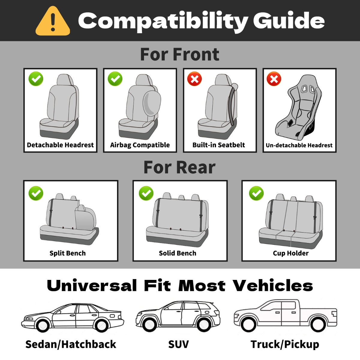Compatibility guide graphic showing front and rear seat fit information for a car seat cover, with illustrated vehicle seats, check and X marks, and text for sedan, SUV, and truck/pickup vehicles.