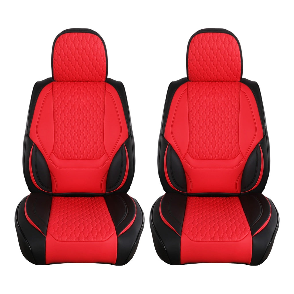 A pair of red and black car seat covers with quilted diamond stitching, shown from the front on a plain white background.