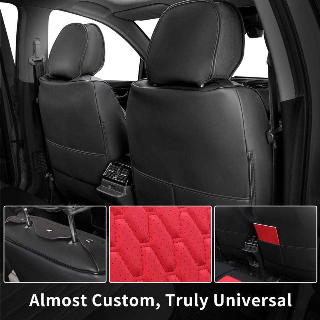 Black car seat covers installed on the front and rear seats of a vehicle interior, with three inset detail views showing the red quilted texture, a close-up of the seat cover on the center console, and a red insert pocket detail. Text at the bottom reads 'Almost Custom, Truly Universal'.