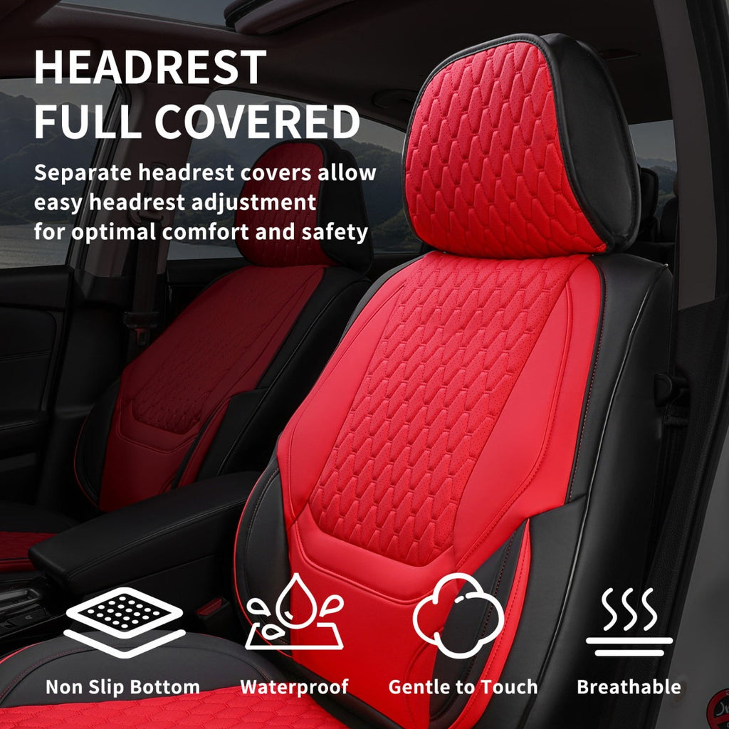 Red and black car seat covers with a quilted headrest cover shown installed on a car seat, with marketing text and feature icons for non slip bottom, waterproof, gentle to touch, and breathable.