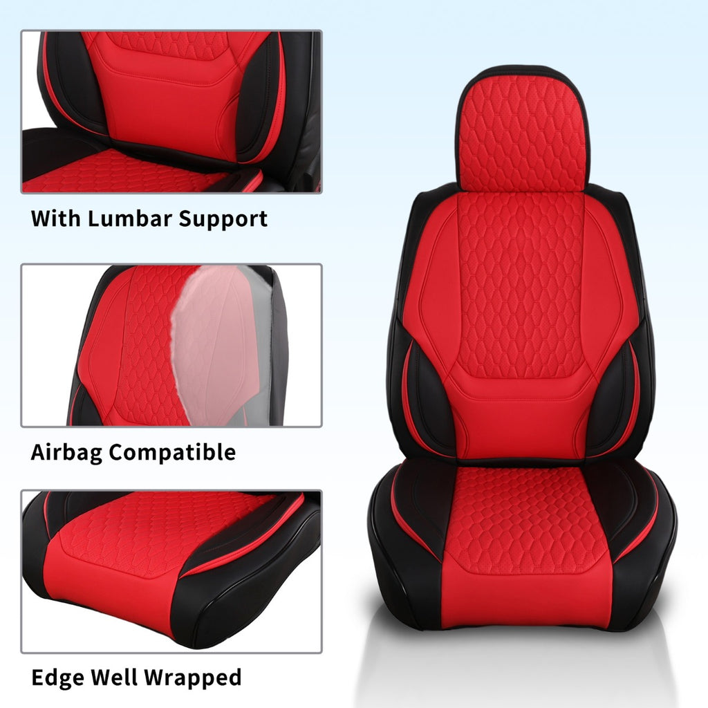 Red and black car seat covers with features highlighted on a light blue background